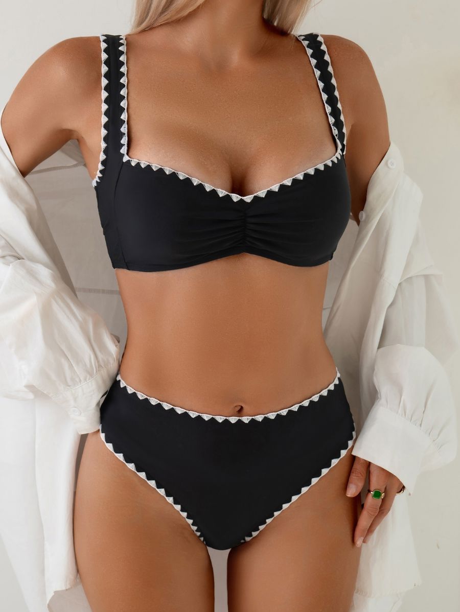 Bikini Con Fruncido y Ribete Contrastante Bikini 06 ZAPRINI Negro S 
