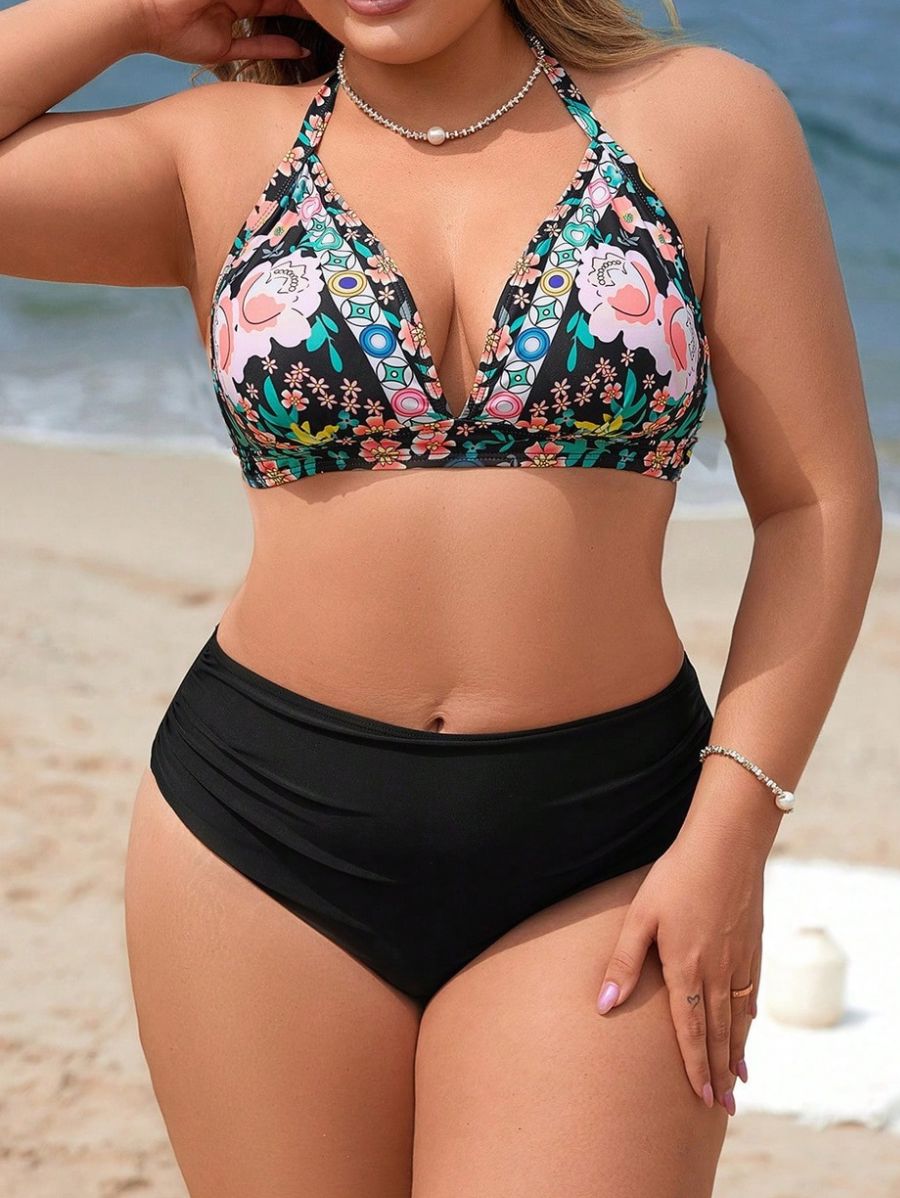 Bikini Tiro Alto Con Estampado Floral Plus Size Bikini Plus Size 11 ZAPRINI Negro 0XL 
