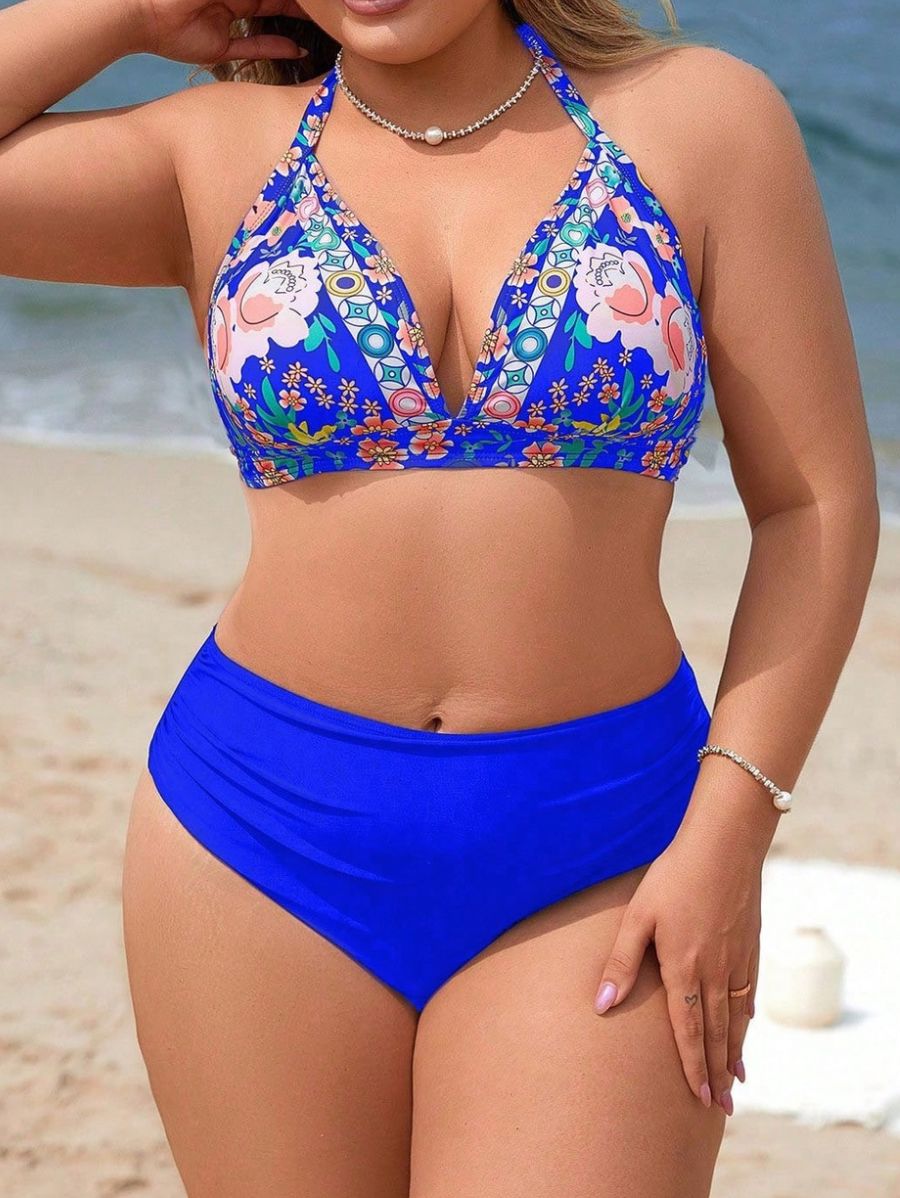 Bikini Tiro Alto Con Estampado Floral Plus Size Bikini Plus Size 11 ZAPRINI Azul 0XL 