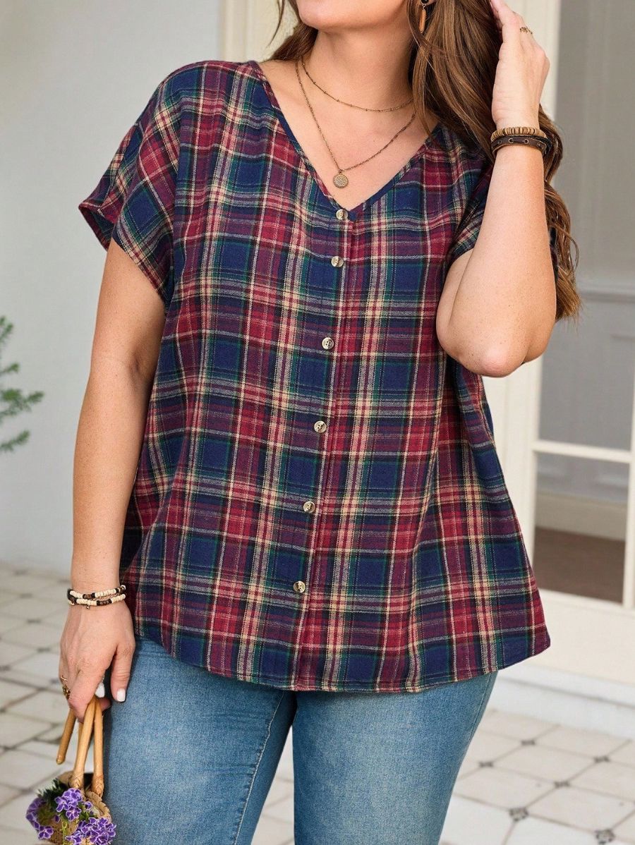 Blusa A Cuadros Con Escote En V y Botones Plus Size Blusa Plus Size 12 ZAPRINI Azul 0XL 