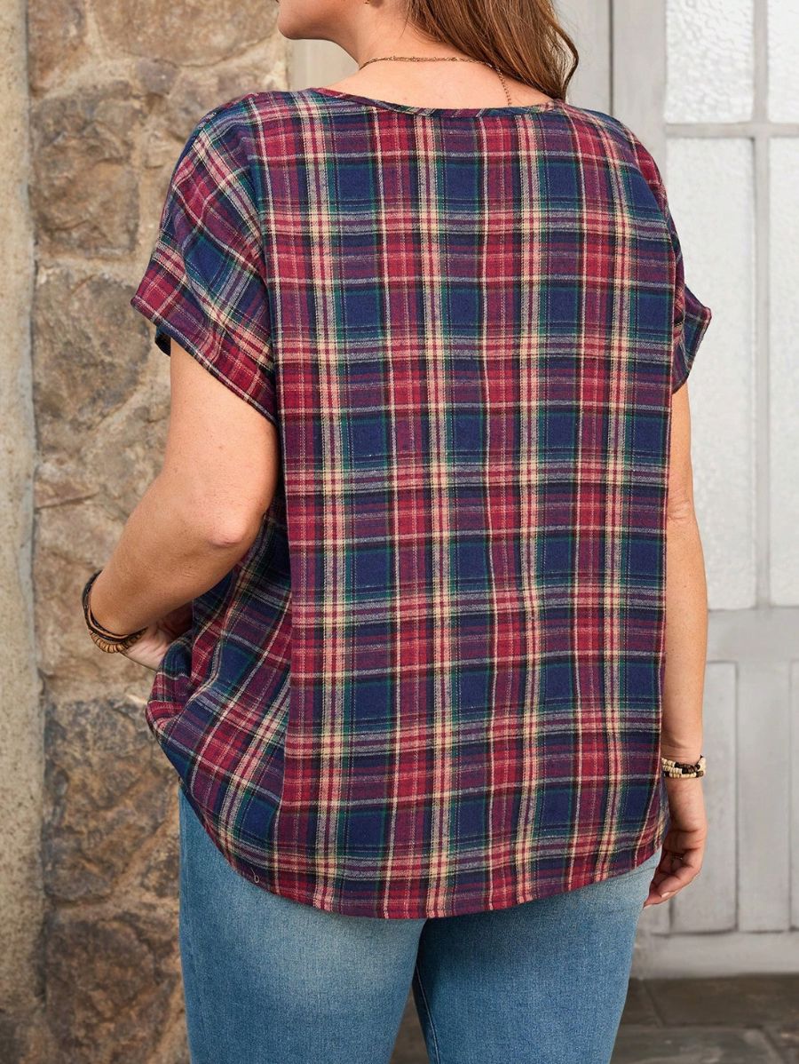 Blusa A Cuadros Con Escote En V y Botones Plus Size Blusa Plus Size 12 ZAPRINI 
