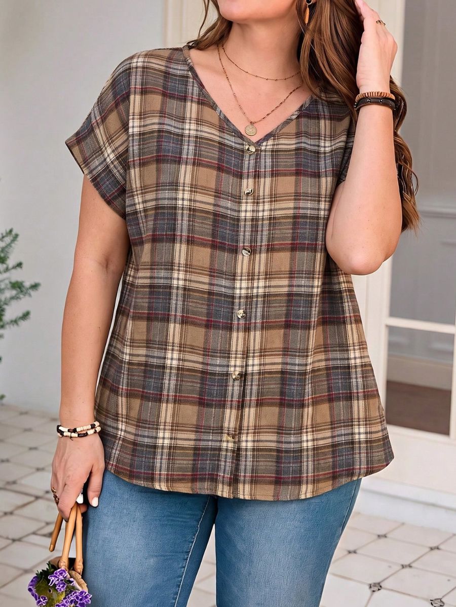 Blusa A Cuadros Con Escote En V y Botones Plus Size Blusa Plus Size 12 ZAPRINI Marrón 0XL 