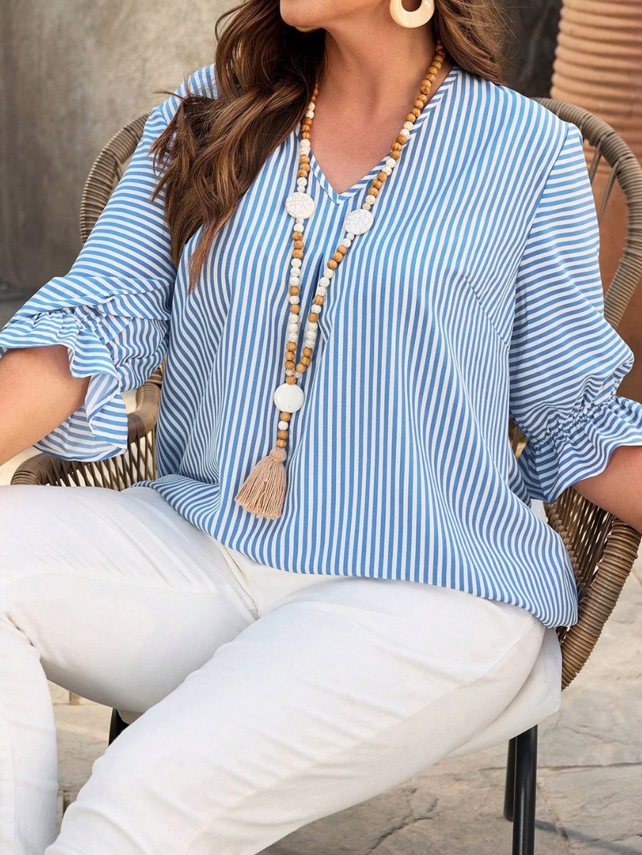 Blusa A Rayas Con Escote En V Plus Size Blusa Plus Size 10 ZAPRINI 