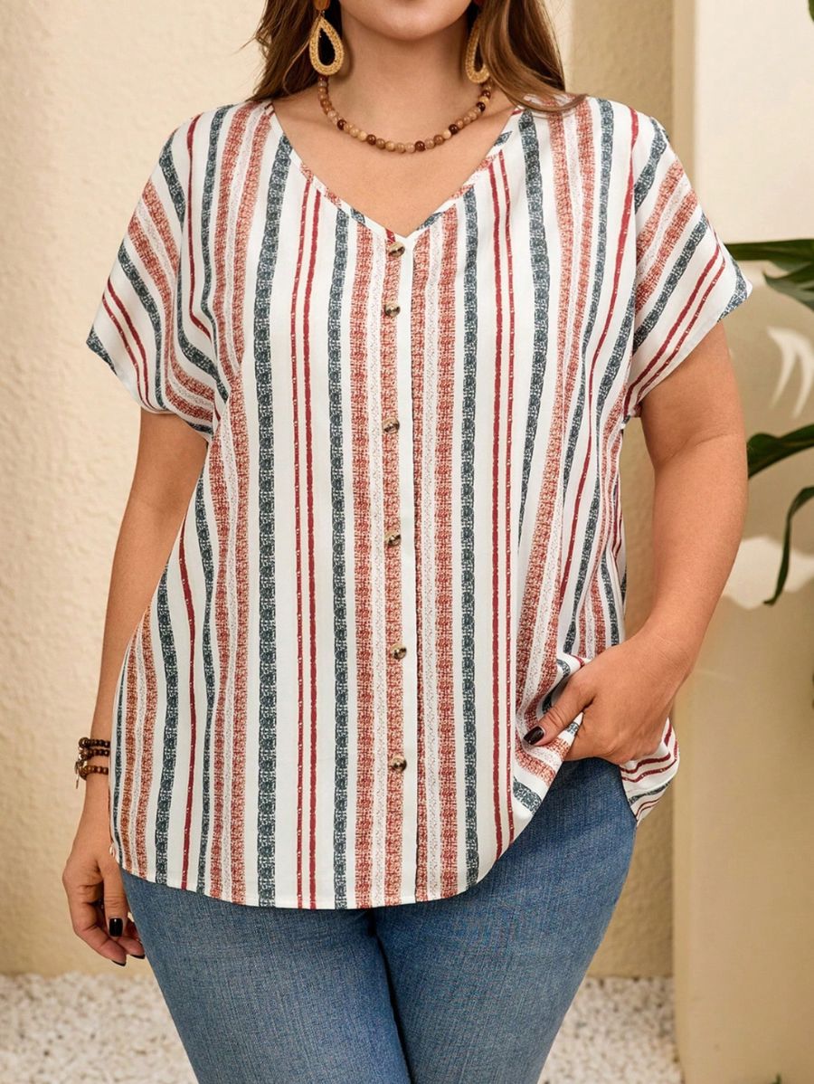 Blusa Con Botones Y Estampado A Rayas Plus Size Blusa Plus Size 11 ZAPRINI 0XL 