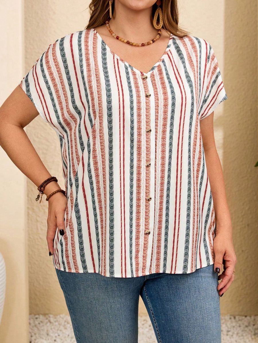 Blusa Con Botones Y Estampado A Rayas Plus Size Blusa Plus Size 11 ZAPRINI 