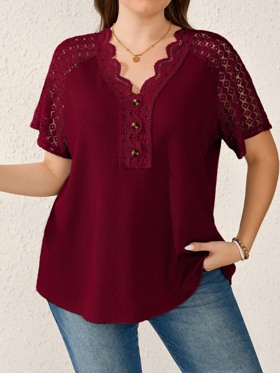 Blusa Con Encaje y Botones Plus Size