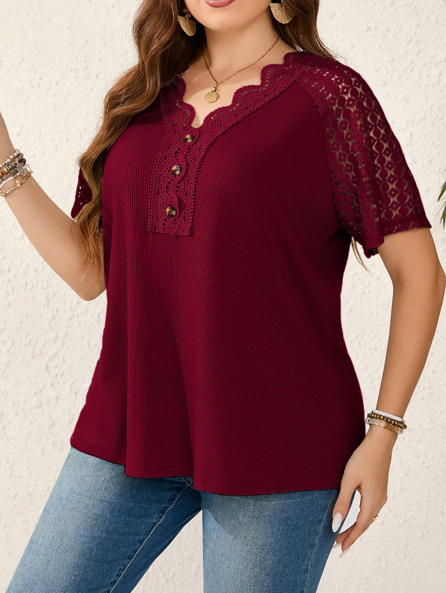 Blusa Con Encaje y Botones Plus Size
