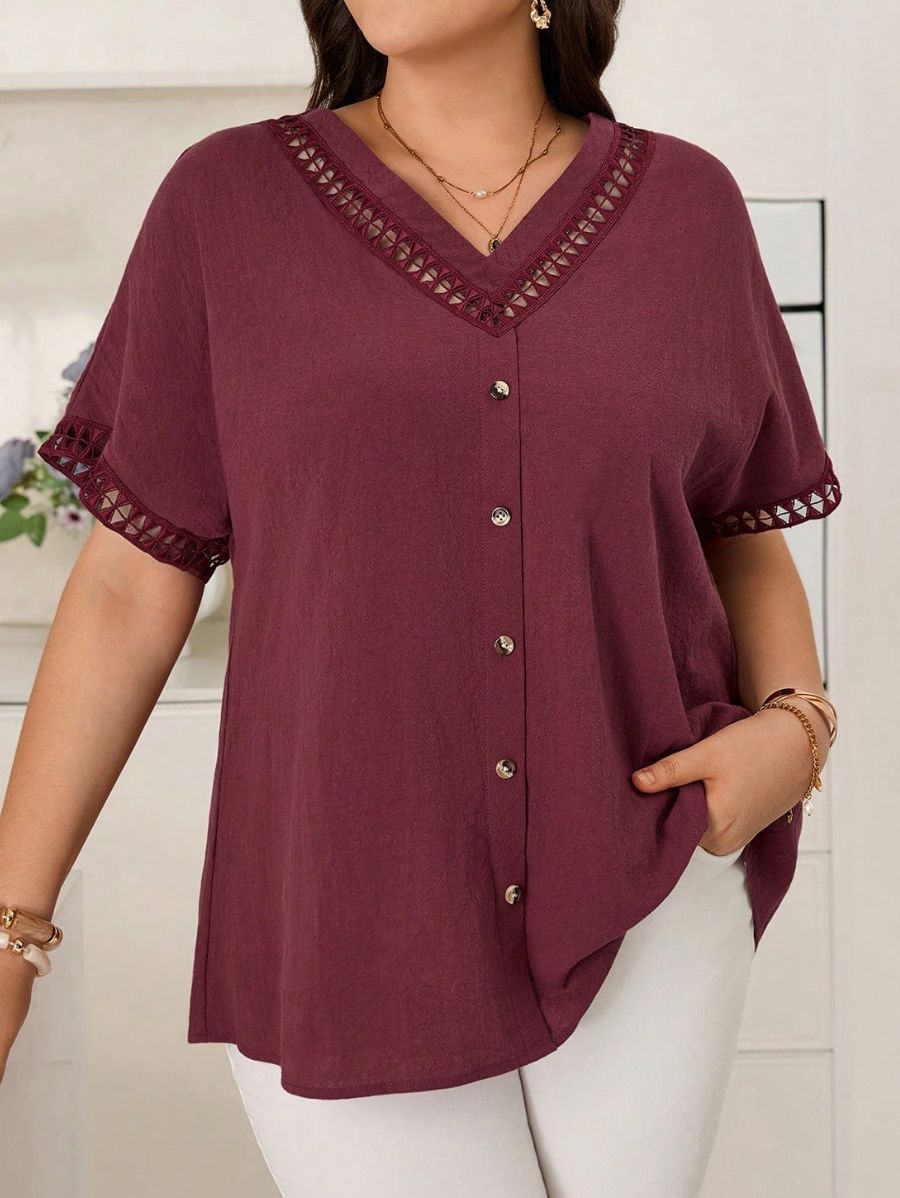 Blusa Con Escote En V y Botones Plus Size Blusa Plus Size 09 ZAPRINI 0XL 
