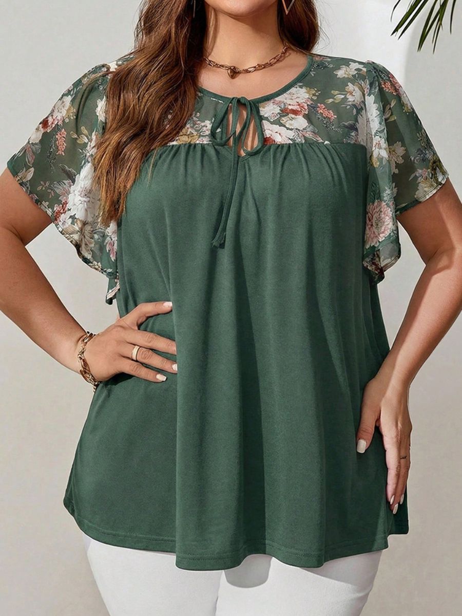 Blusa Con Lazo y Estampado Floral Plus Size Blusa Plus Size 08 ZAPRINI Verde 0XL 