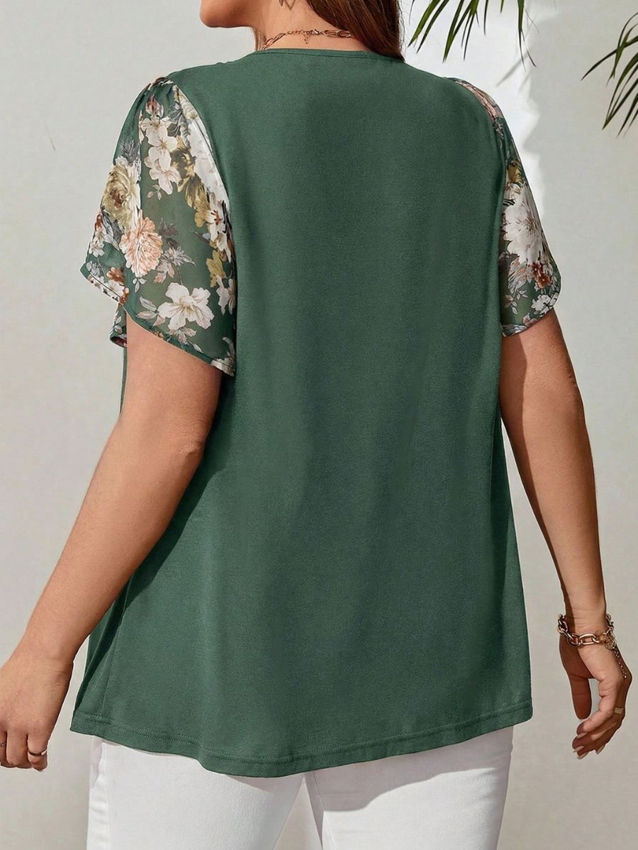 Blusa Con Lazo y Estampado Floral Plus Size Blusa Plus Size 08 ZAPRINI Verde 0XL 