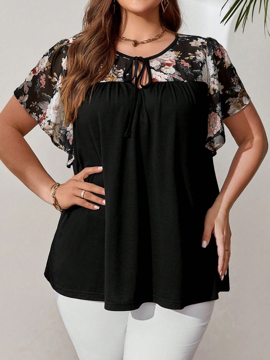Blusa Con Lazo y Estampado Floral Plus Size Blusa Plus Size 08 ZAPRINI Negro 0XL 
