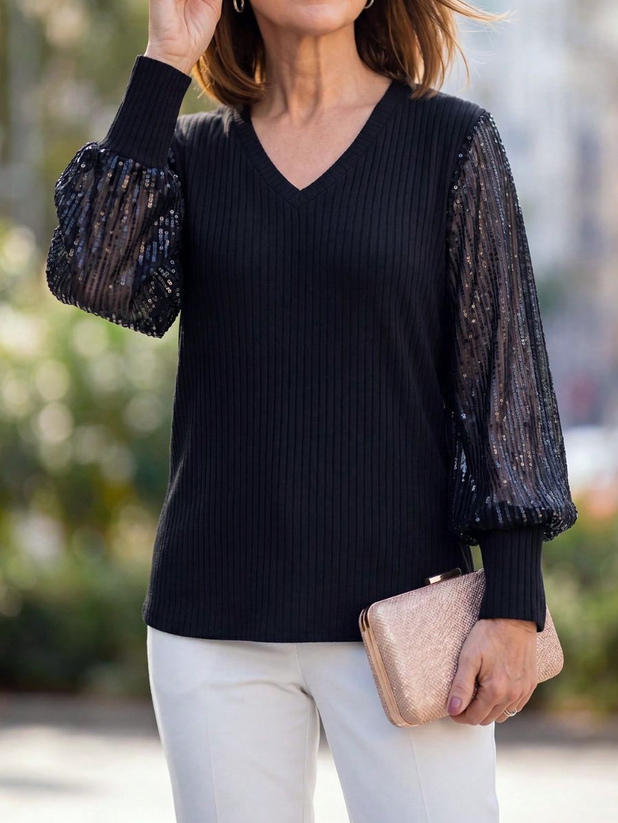 Blusa Con Lentejuelas y Mangas Transparentes Blusa 14 ZAPRINI S 