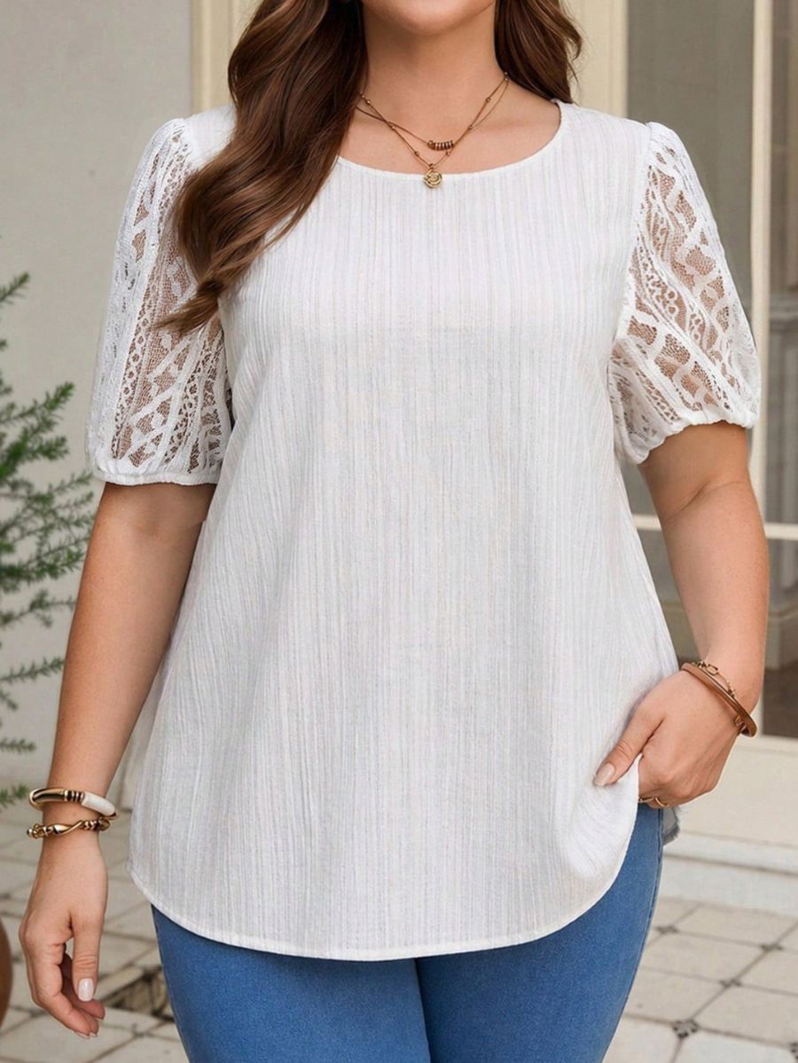 Blusa Con Mangas De Encaje Plus Size Blusa Plus Size 07 ZAPRINI Blanco 0XL 