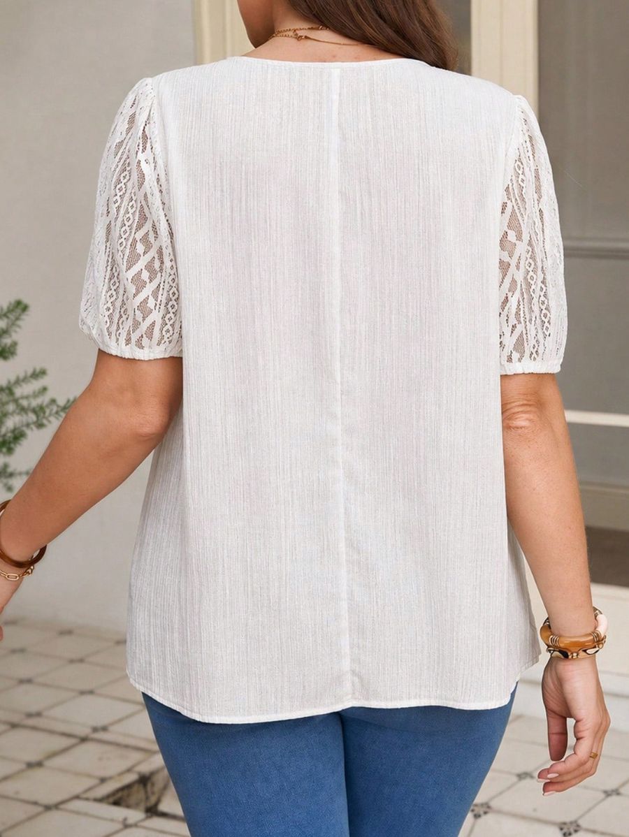 Blusa Con Mangas De Encaje Plus Size Blusa Plus Size 07 ZAPRINI Blanco 0XL 