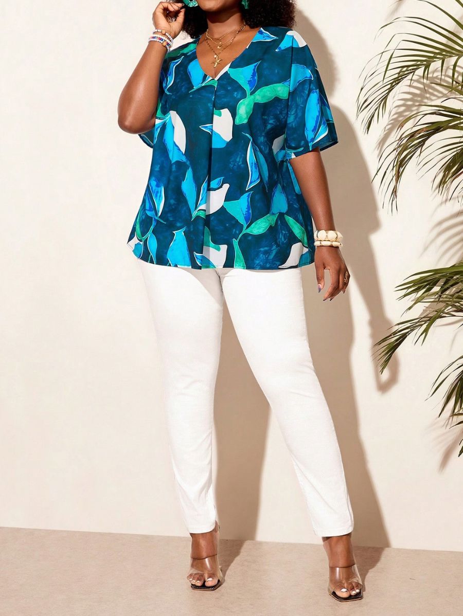 Blusa Estampada Con Escote En V Plus Size Blusa Plus Size 16 ZAPRINI 