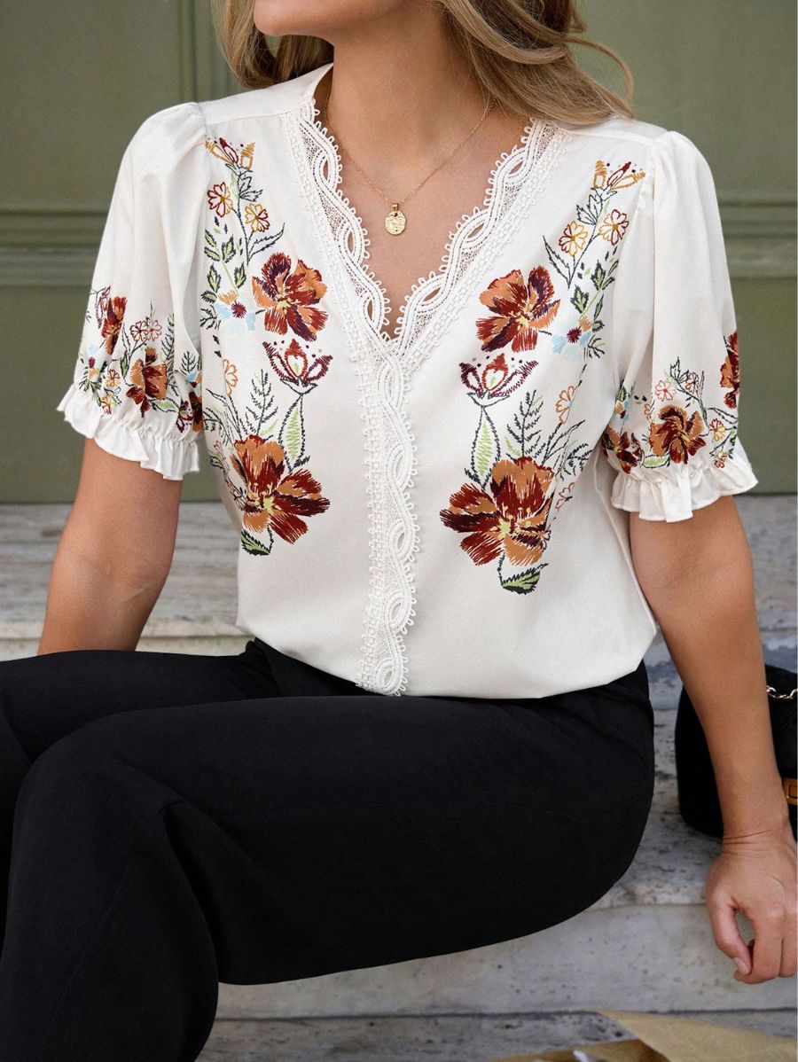 Blusa Manga Corta Floral Con Encaje Blusa 25 ZAPRINI Marrón S 