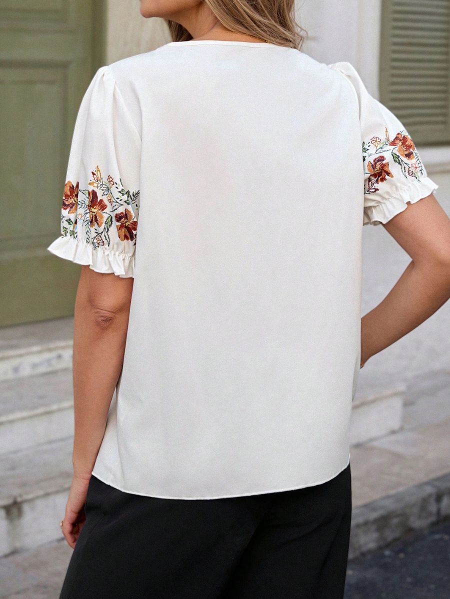 Blusa Manga Corta Floral Con Encaje Blusa 25 ZAPRINI Marrón S 