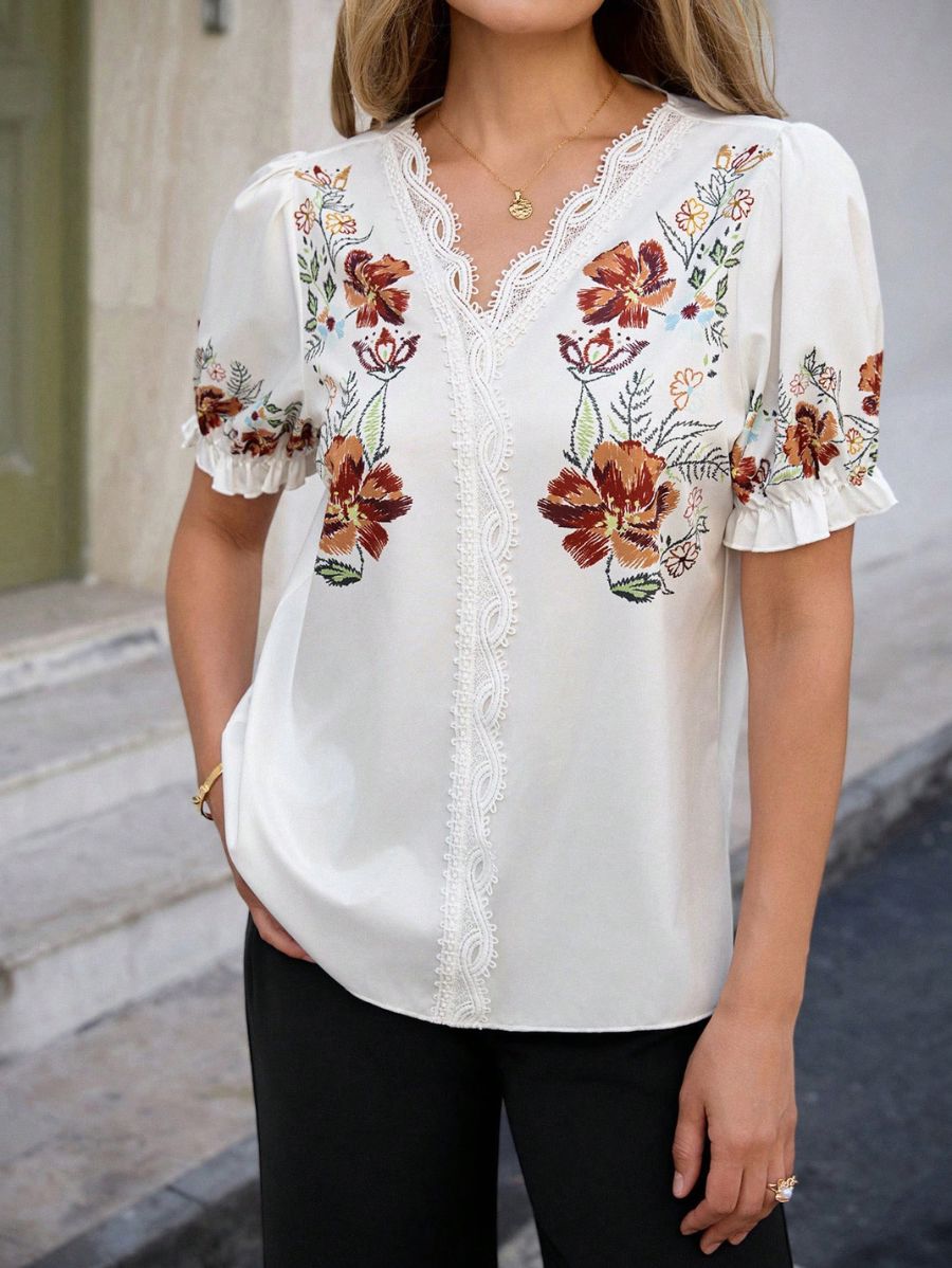 Blusa Manga Corta Floral Con Encaje Blusa 25 ZAPRINI 