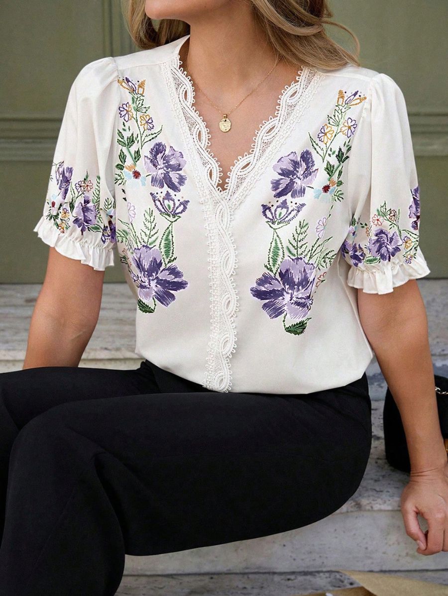 Blusa Manga Corta Floral Con Encaje Blusa 25 ZAPRINI Violeta S 