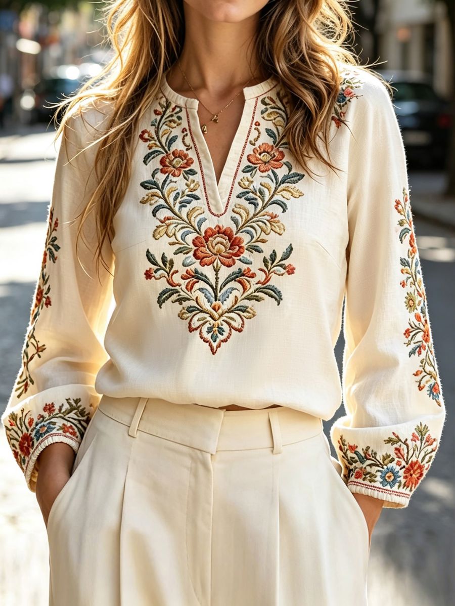 Blusa Manga Larga Con Estampado Floral Blusa 24 ZAPRINI Beige XS 
