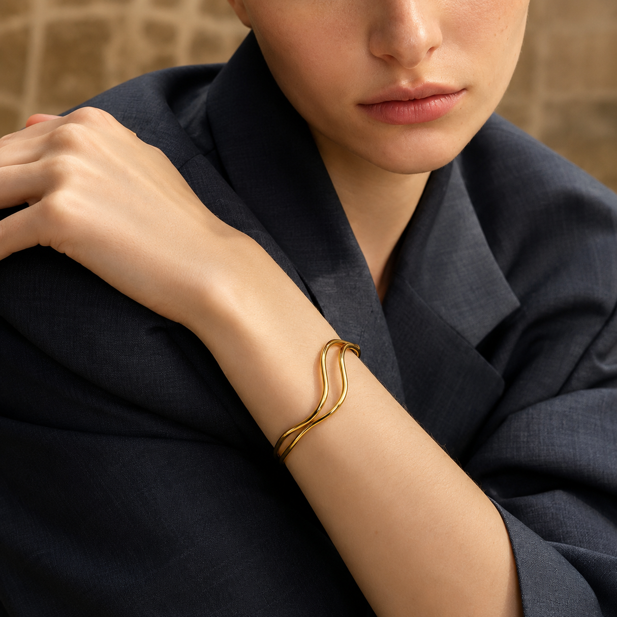 Brazalete Abierto Doble Enchapado En Oro 18K