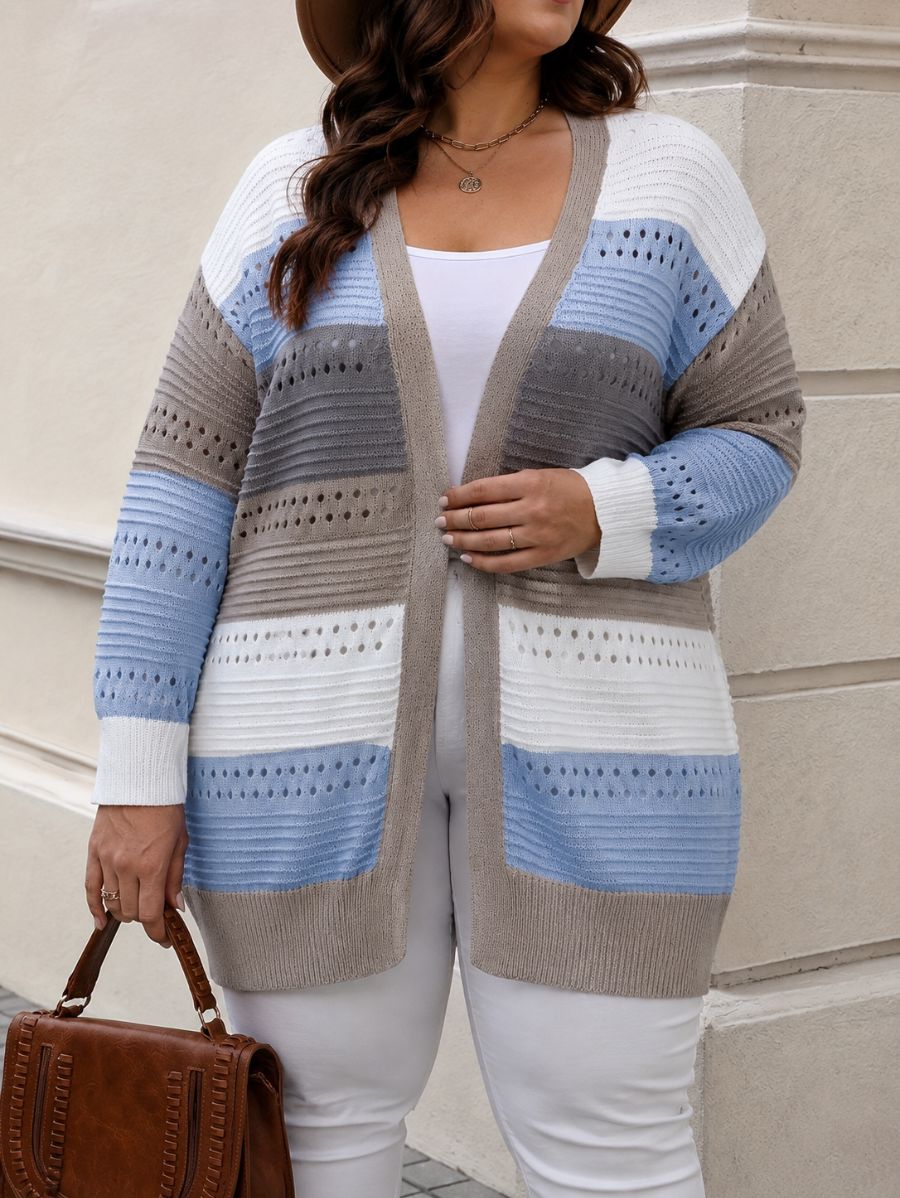 CÁRDIGAN A RAYAS CON CALADO PLUS SIZE Cardigan Plus Size 05 ZAPRINI Azul 1XL 
