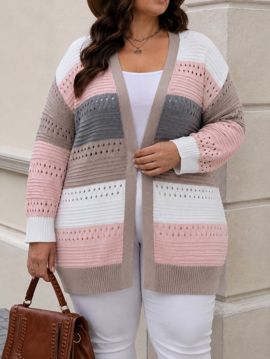 CÁRDIGAN A RAYAS CON CALADO PLUS SIZE Cardigan Plus Size 05 ZAPRINI Rosa 1XL 