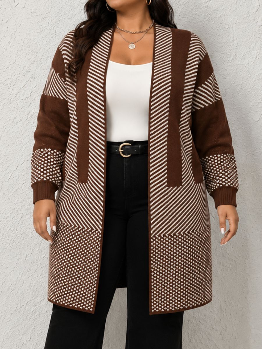 CÁRDIGAN A RAYAS PLUS SIZE Cardigan Plus Size 03 ZAPRINI Marrón 1XL 