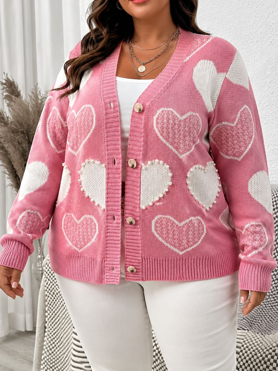 CÁRDIGAN CON BOTONES Y ESTAMPADO DE CORAZONES PLUS SIZE Cardigan Plus Size 01 ZAPRINI 1XL 