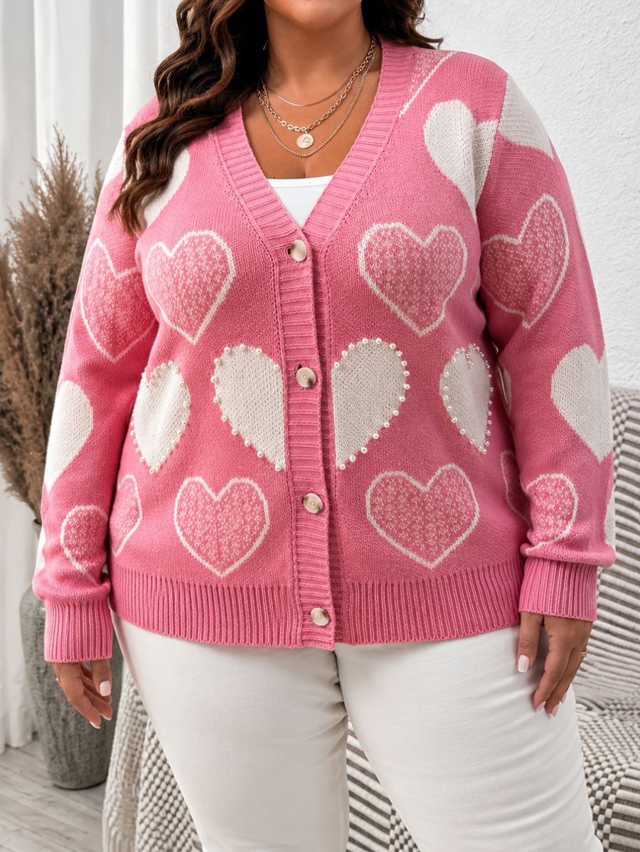 CÁRDIGAN CON BOTONES Y ESTAMPADO DE CORAZONES PLUS SIZE Cardigan Plus Size 01 ZAPRINI 