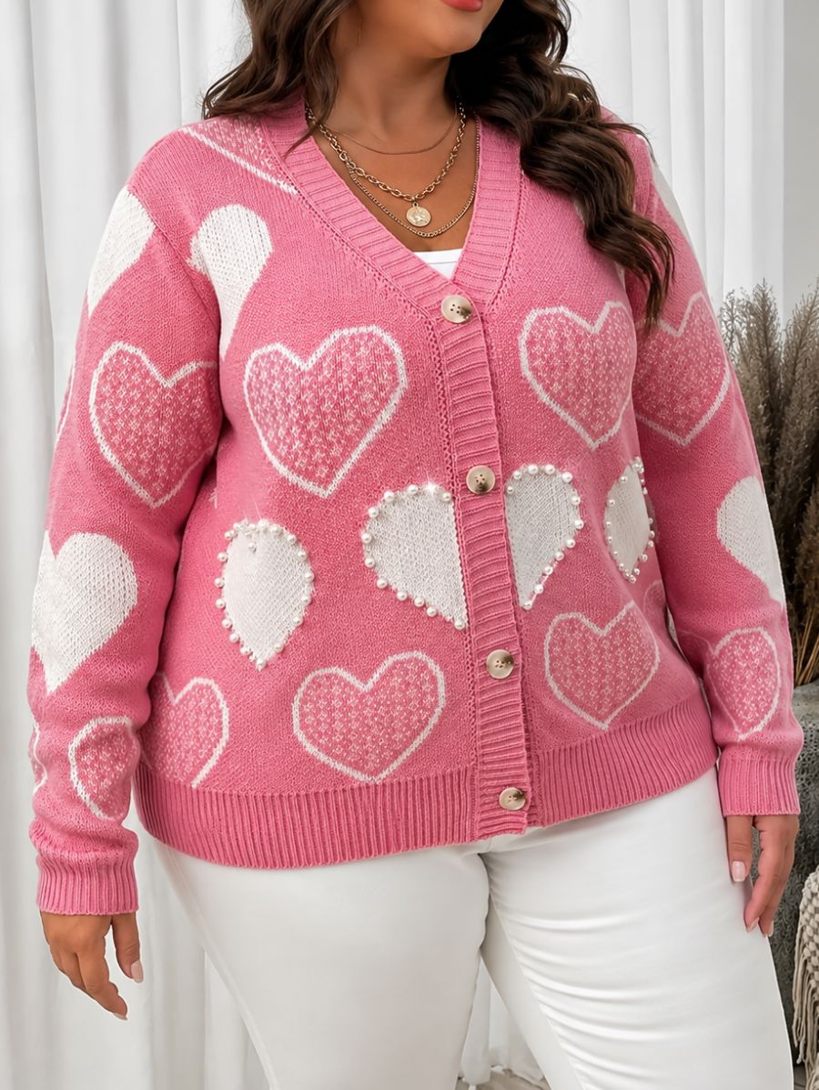 CÁRDIGAN CON BOTONES Y ESTAMPADO DE CORAZONES PLUS SIZE Cardigan Plus Size 01 ZAPRINI 