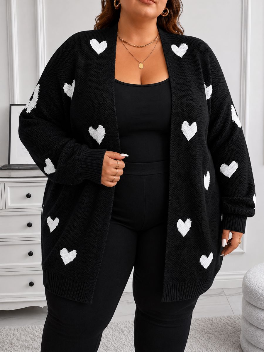CÁRDIGAN CON ESTAMPADO DE CORAZONES PLUS SIZE Cardigan Plus Size 06 ZAPRINI Negro 1XL 
