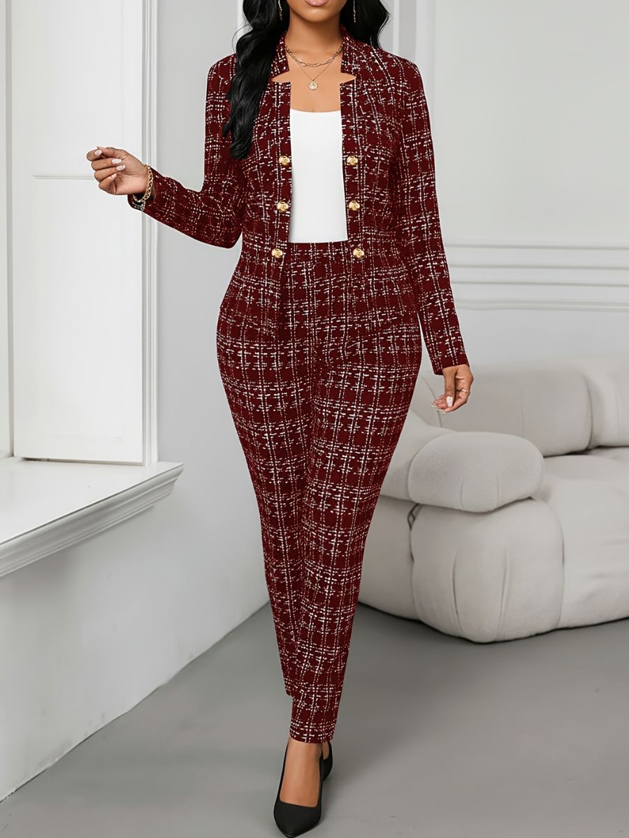 CONJUNTO A CUADROS CON BOTONES DORADOS Conjunto 05 ZAPRINI Bordo S 