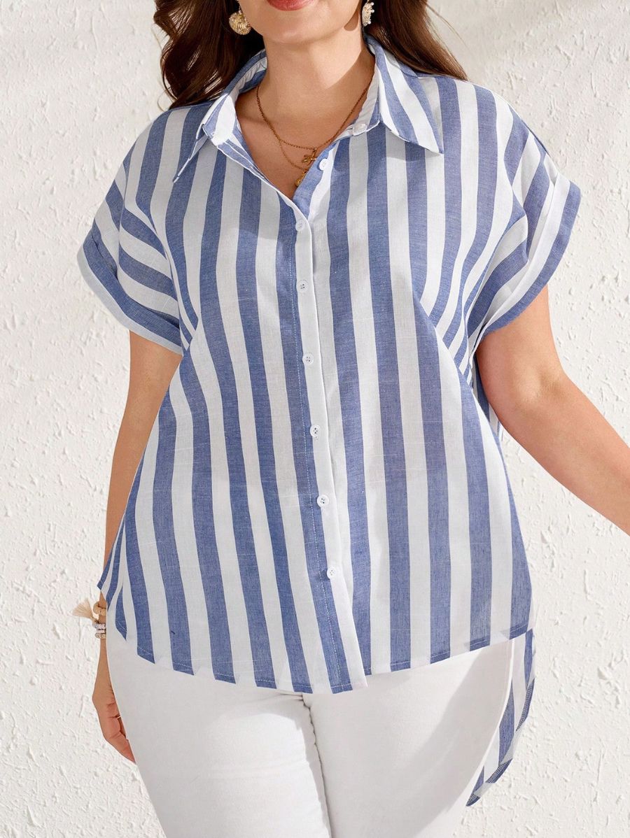 Camisa A Rayas Con Abertura Plus Size Camisa Plus Size 06 ZAPRINI 