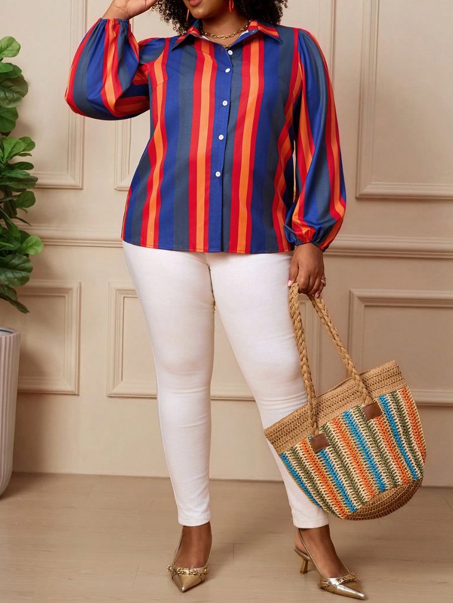 Camisa A Rayas Con Mangas Farol Plus Size Camisa Plus Size 12 ZAPRINI 