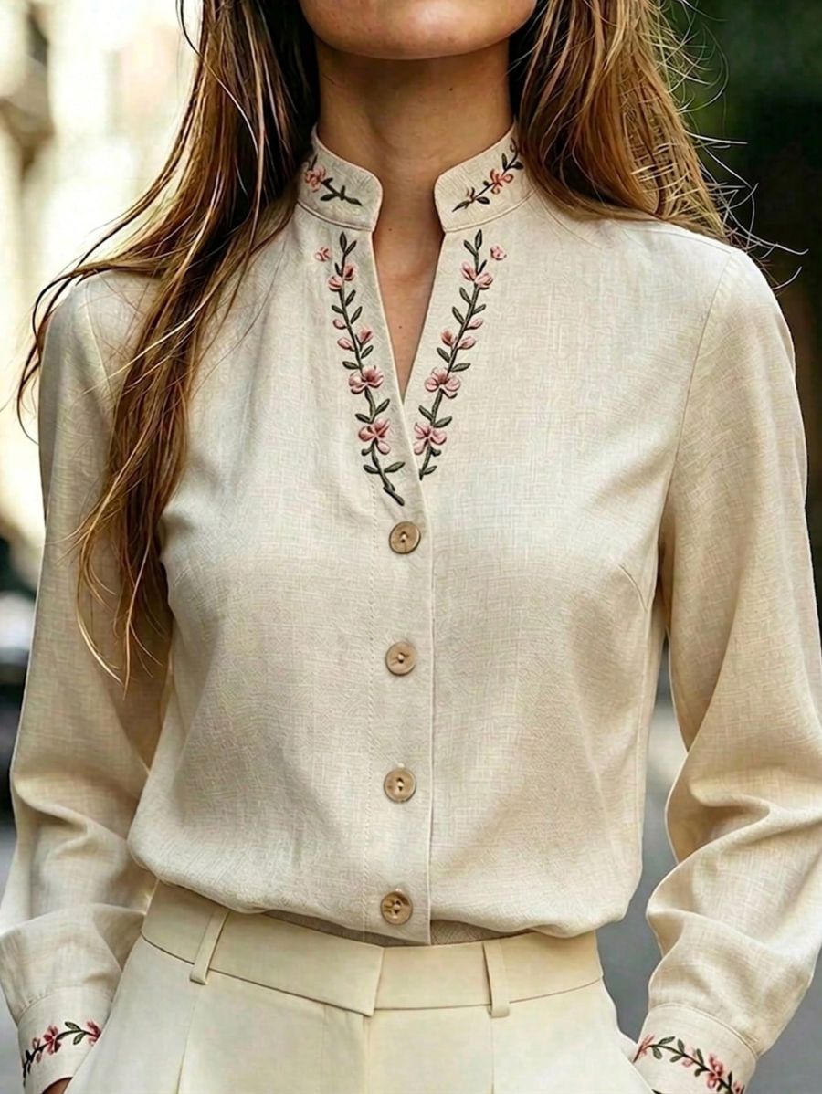 Camisa Con Bordado Floral En Cuello Camisa 17 ZAPRINI Beige S 