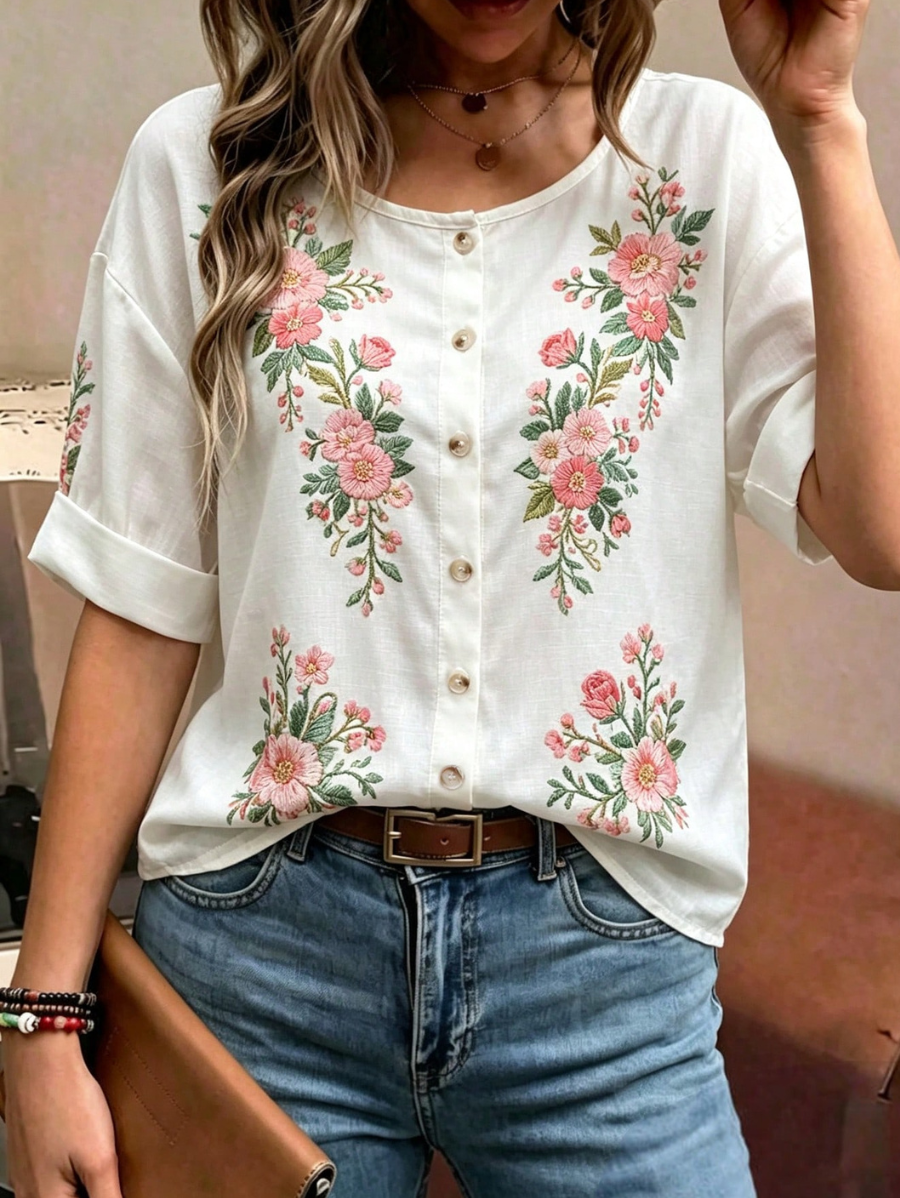 Camisa Con Cuello Redondo y Estampado Floral