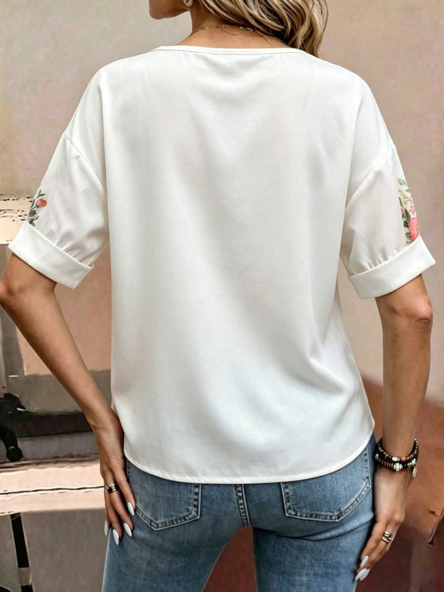 Camisa Con Cuello Redondo y Estampado Floral