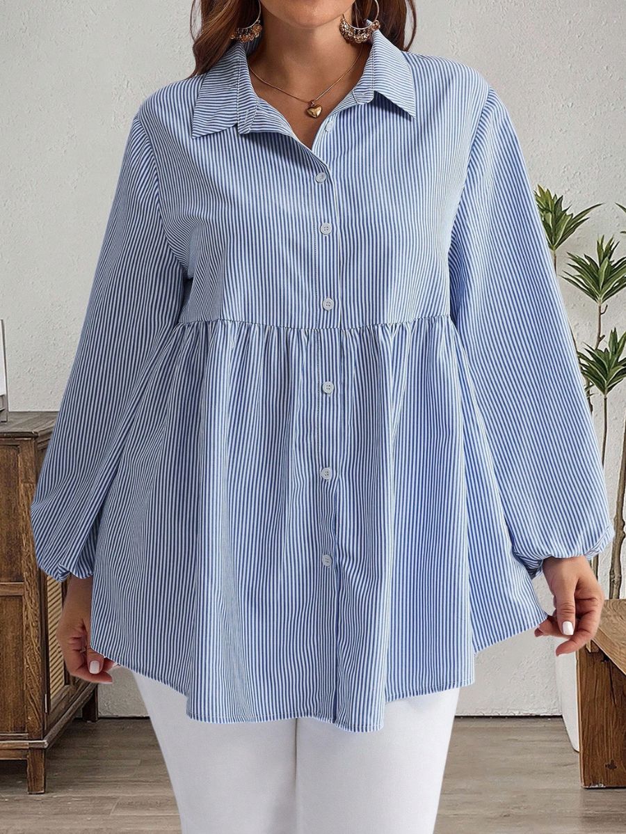 Camisa Manga Larga A Rayas Con Lazos Plus Size Camisa Plus Size 01 ZAPRINI Azul 0XL 
