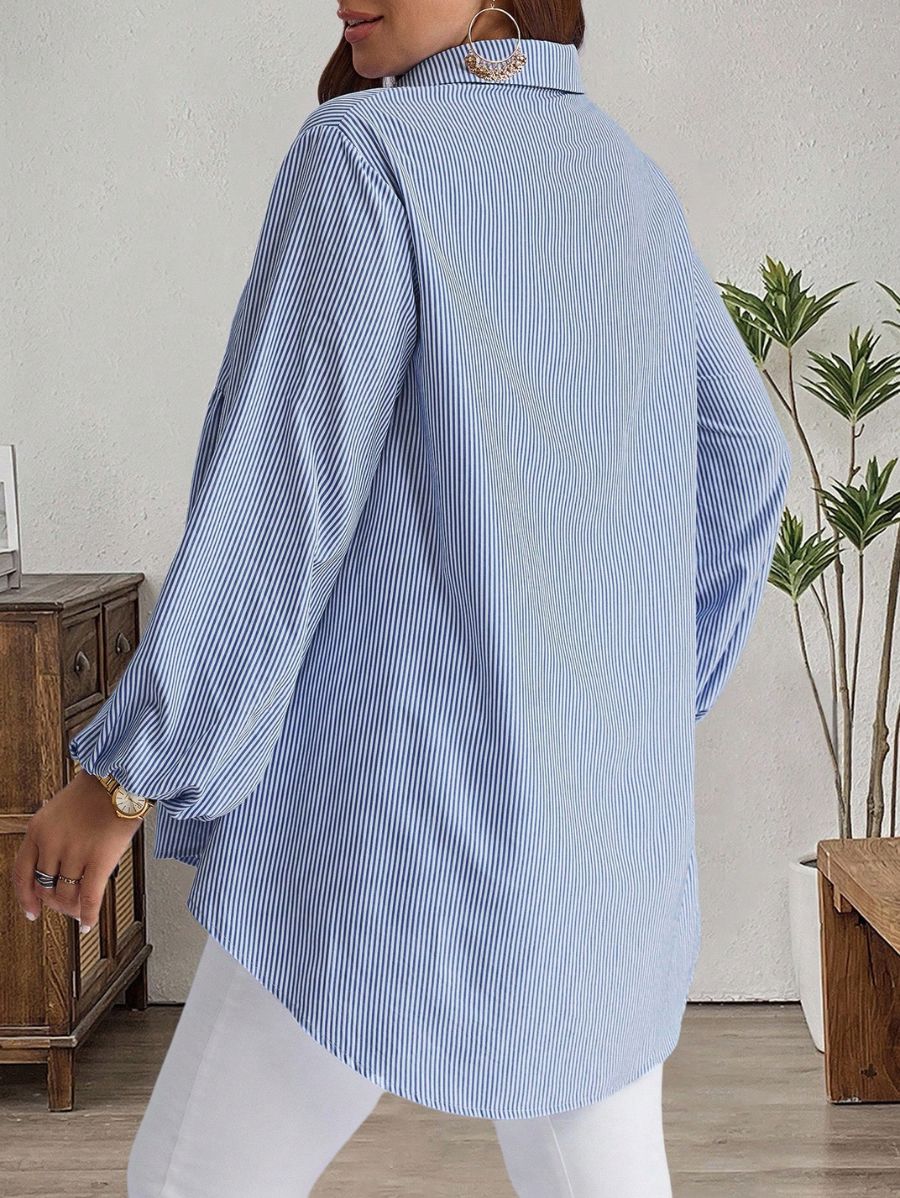 Camisa Manga Larga A Rayas Con Lazos Plus Size Camisa Plus Size 01 ZAPRINI Azul 0XL 