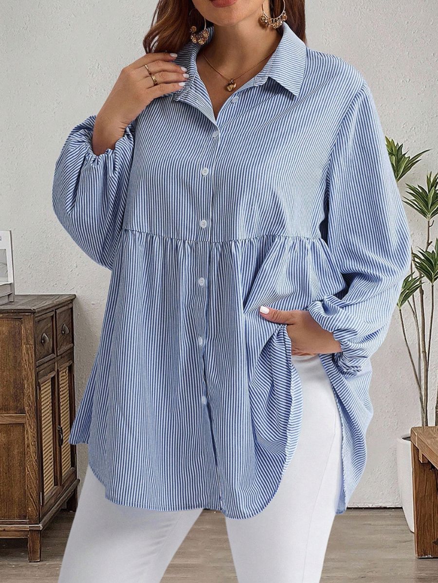 Camisa Manga Larga A Rayas Con Lazos Plus Size Camisa Plus Size 01 ZAPRINI 