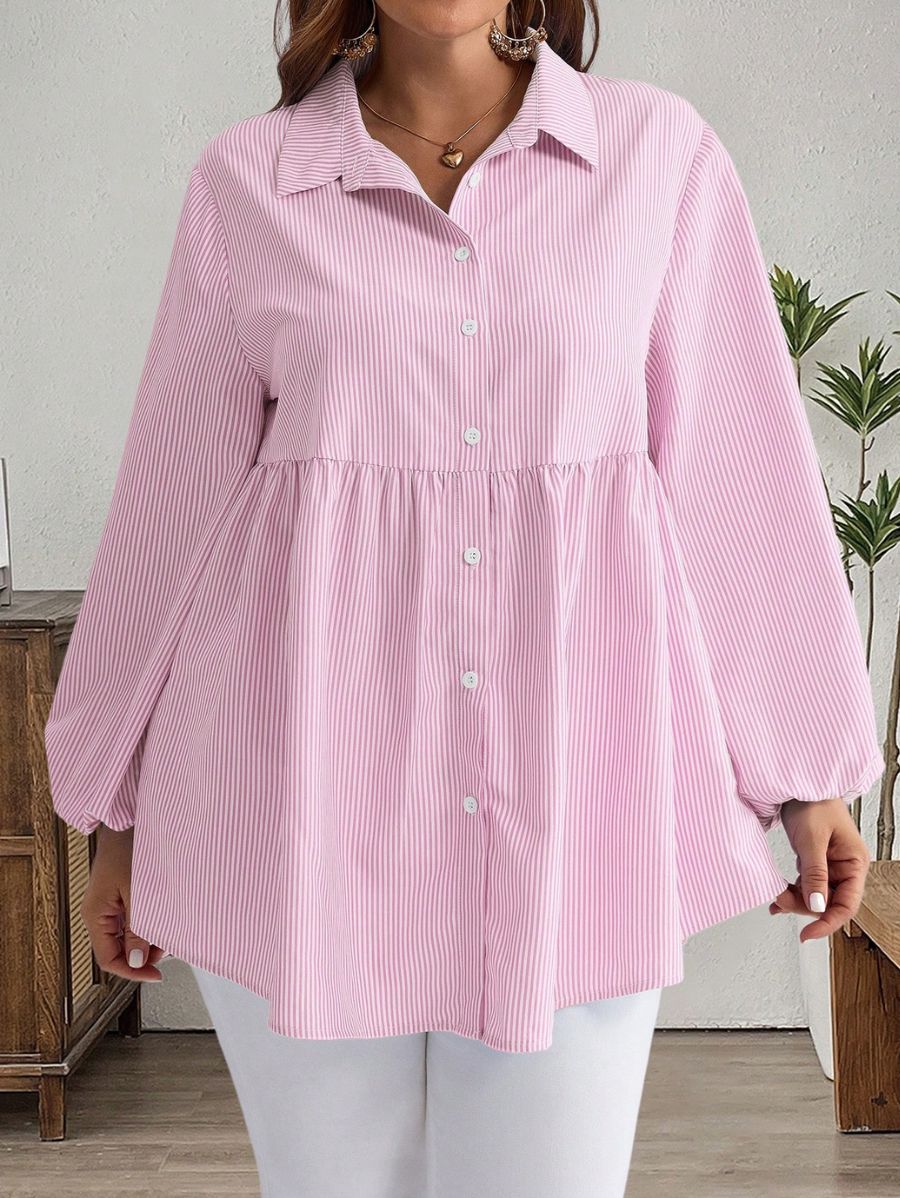 Camisa Manga Larga A Rayas Con Lazos Plus Size Camisa Plus Size 01 ZAPRINI Rosa 0XL 