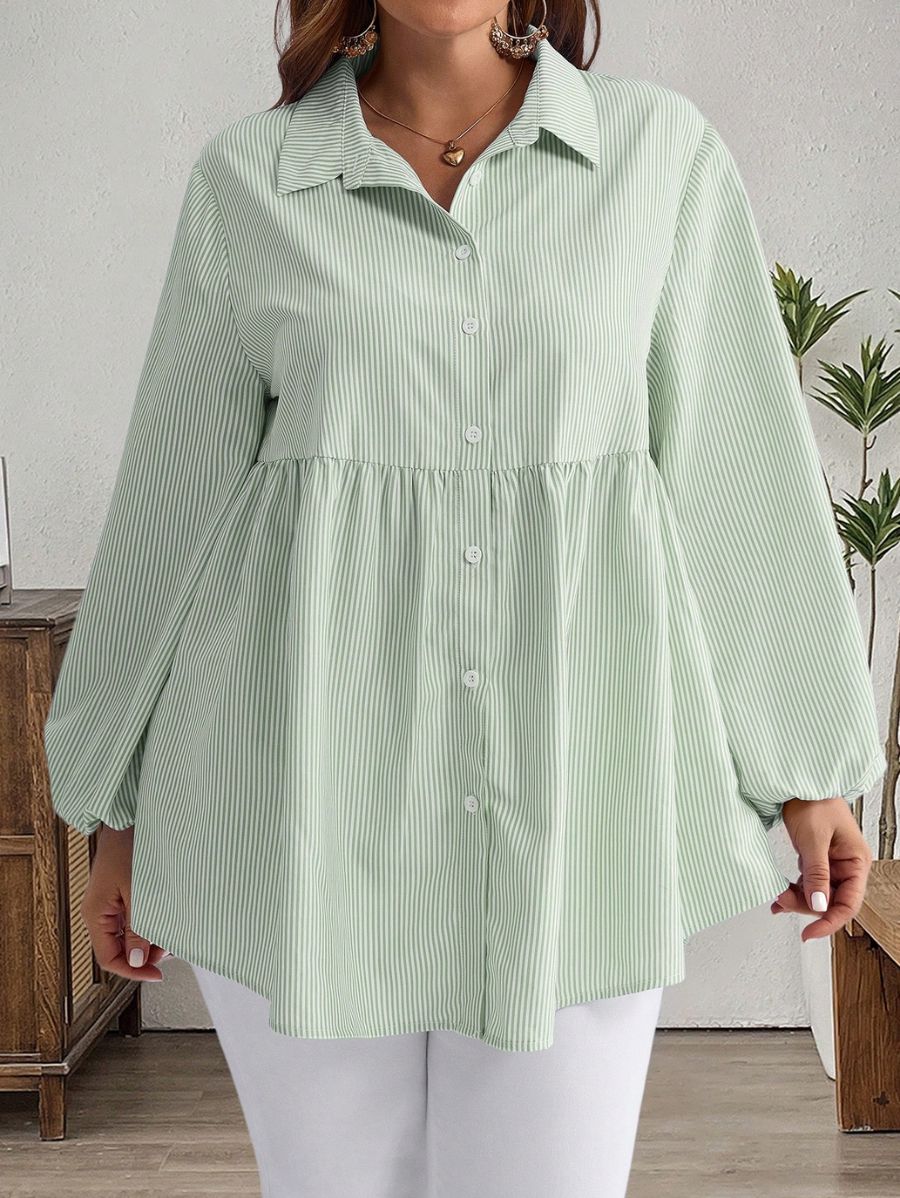 Camisa Manga Larga A Rayas Con Lazos Plus Size Camisa Plus Size 01 ZAPRINI Verde 0XL 