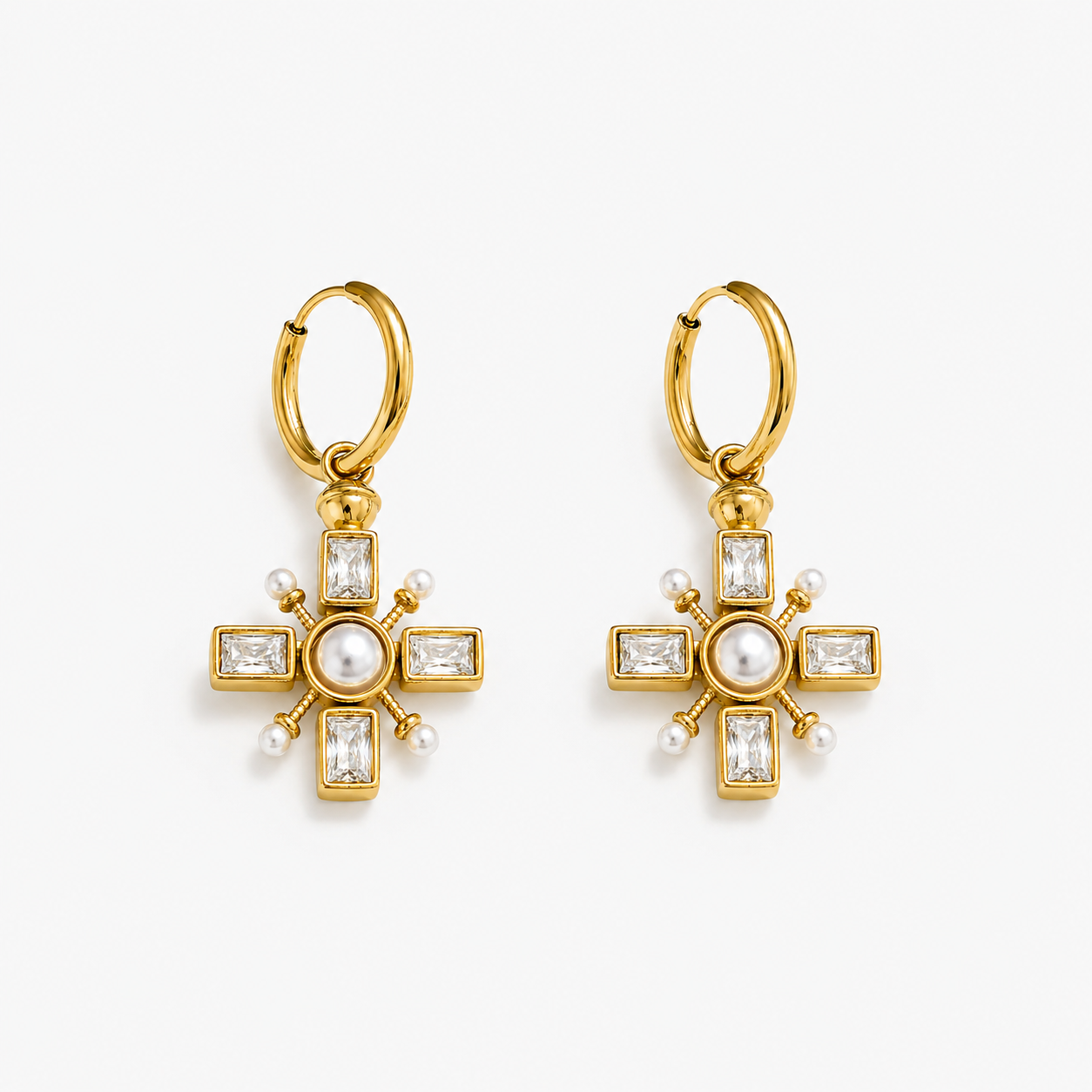Caravana De Aro Con Perlas y Circonia Enchapado En Oro 18K