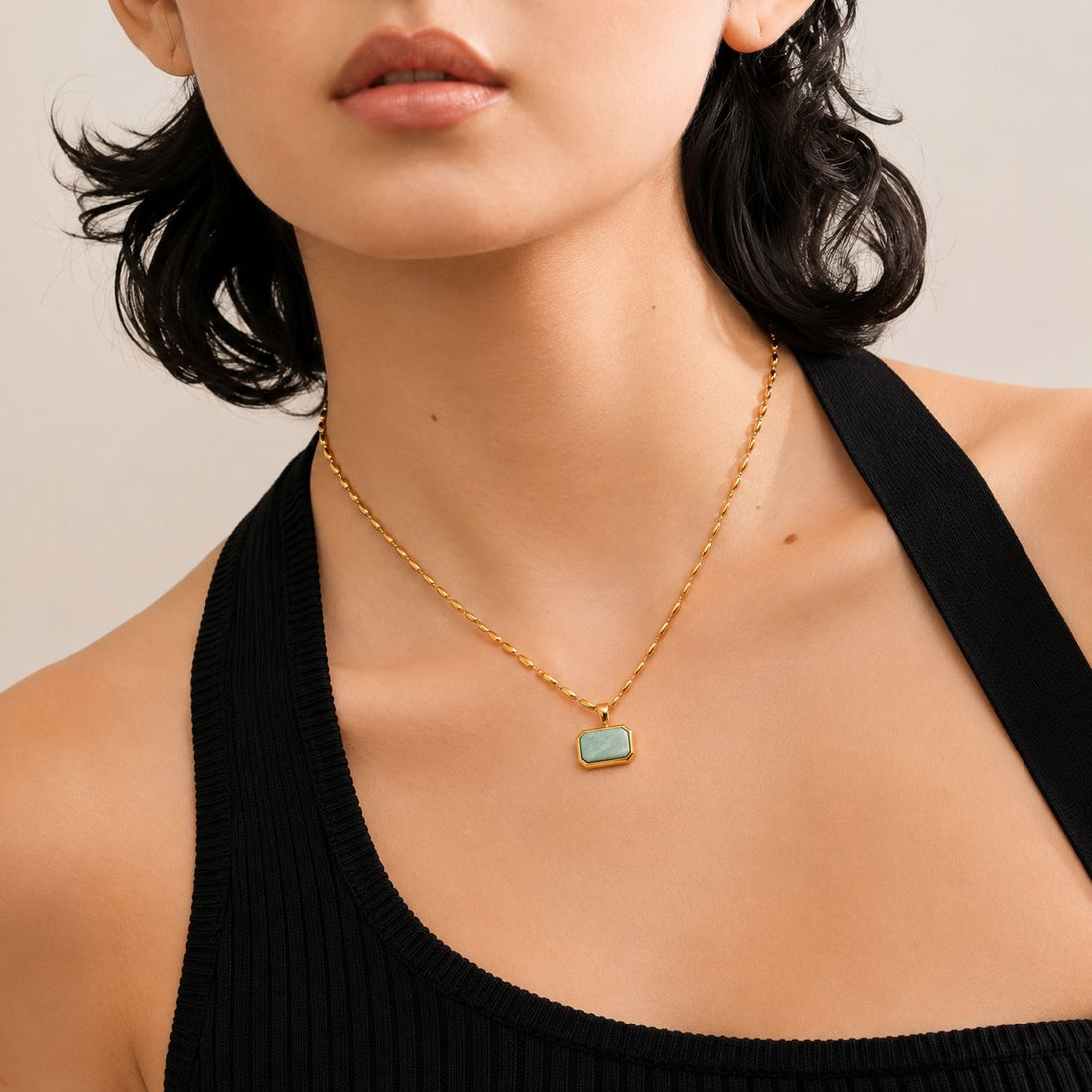Collar Con Dije De Piedra Natural Enchapado En Oro 18K Collar 07 ZAPRINI 