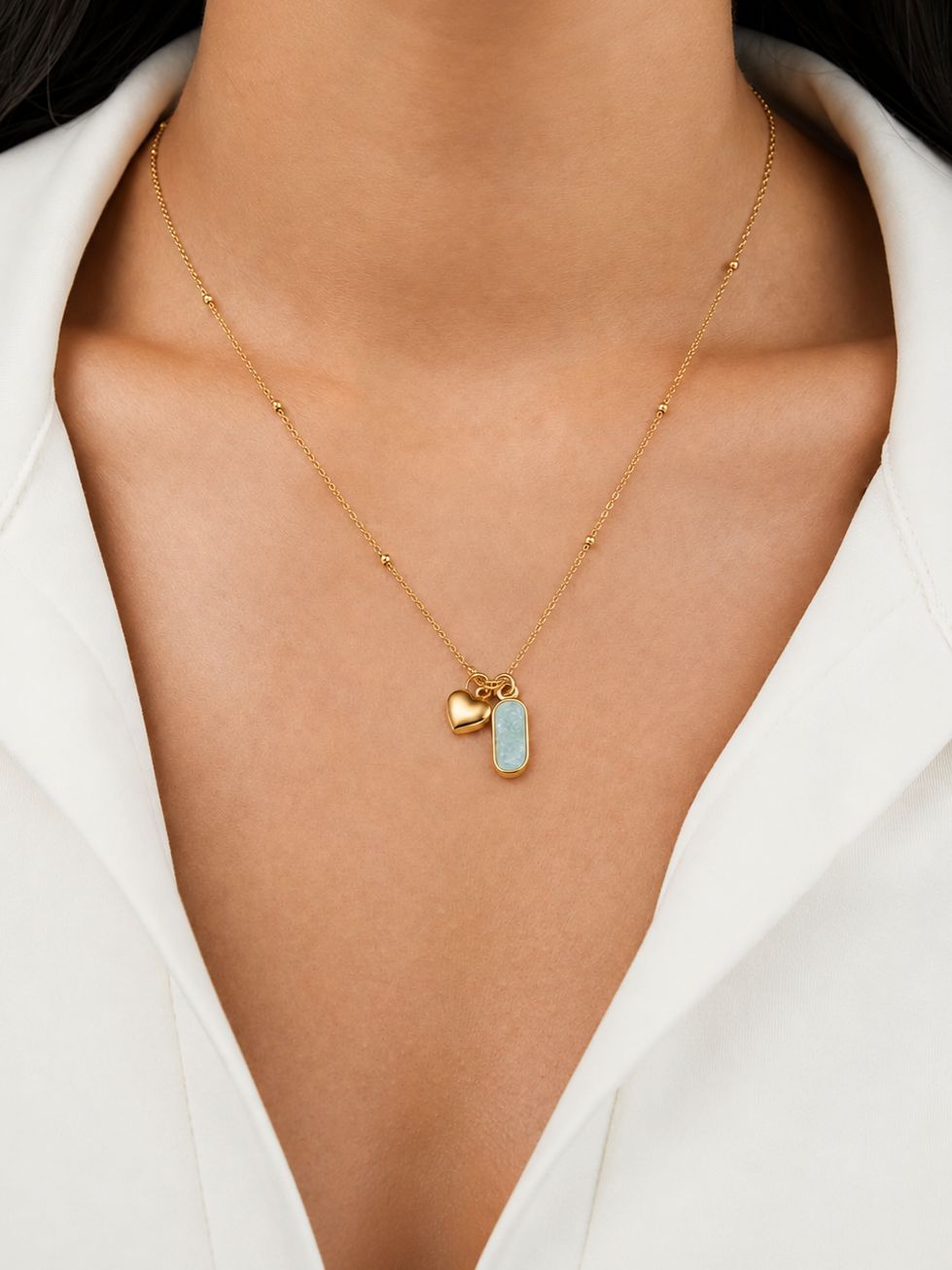Collar Con Corazón y Piedra Amazonita Enchapado En Oro 18K Collar 14 ZAPRINI 