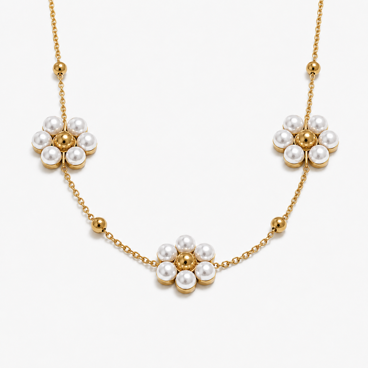 Collar De Cadena Con Cuentas De Flores Enchapado En Oro 18K