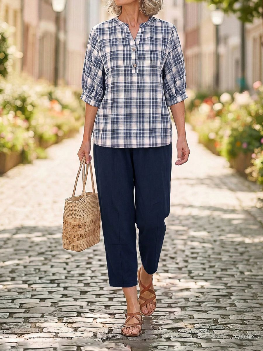 Conjunto De Blusa A Cuadros y Pantalón Liso Conjunto 19 ZAPRINI S 