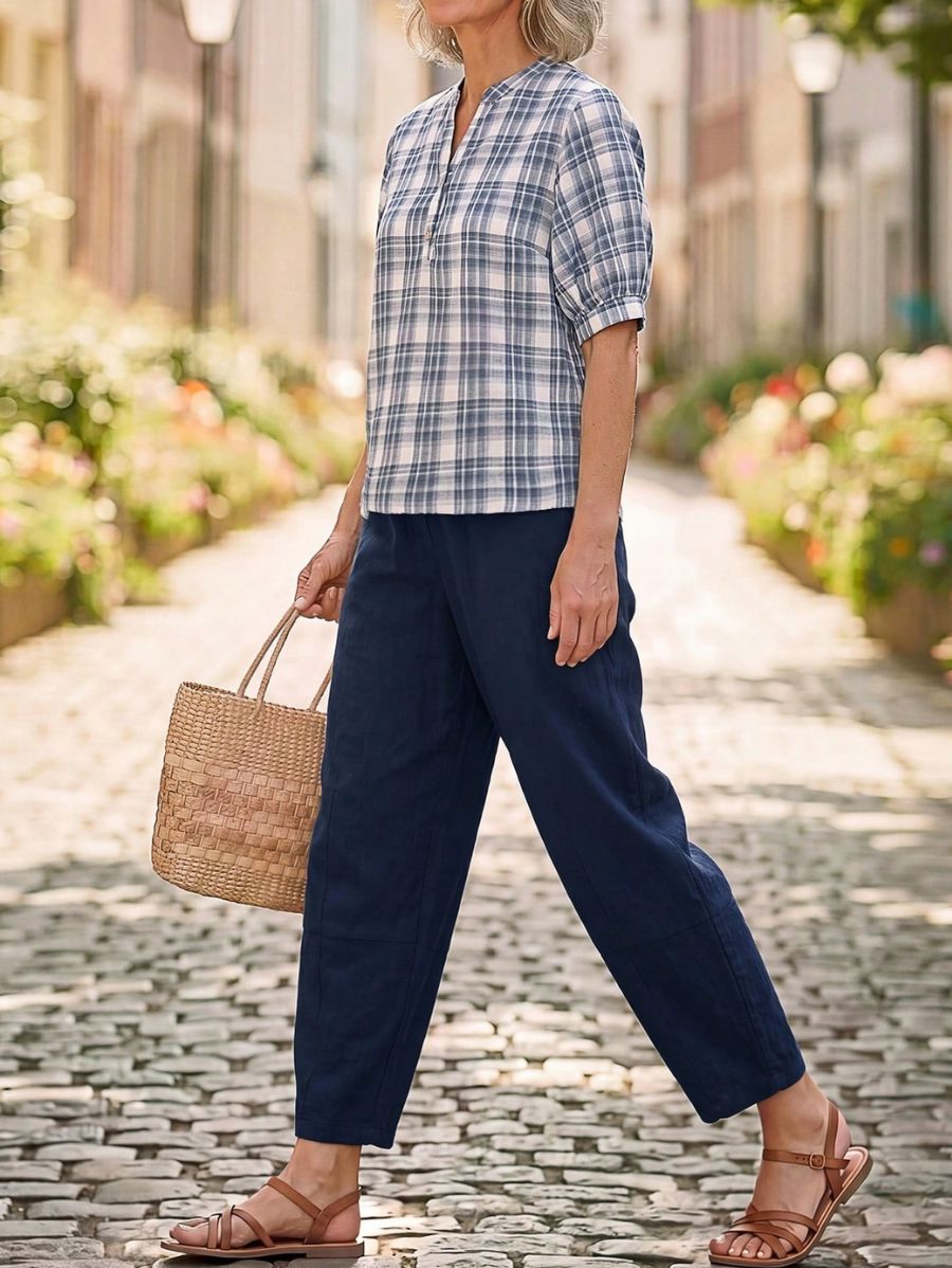 Conjunto De Blusa A Cuadros y Pantalón Liso Conjunto 19 ZAPRINI 