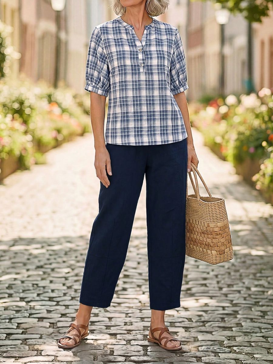Conjunto De Blusa A Cuadros y Pantalón Liso Conjunto 19 ZAPRINI 